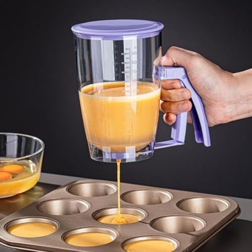 Pancake Batter Dispenser, No-Drip Squeeze Handle for Precision Portion Control, 900ML Capacity with Measurement Markings for Cupcakes, Waffles & Crepes, Dishwasher Safe Baking Tool (2pcs) (Purple1pcs)