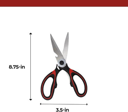 Professional Kitchen Scissors | 2-Pack Ultra Sharp Stainless Steel Kitchen Shears | Multi-Function Kitchen Scissors for Chicken, Fish, Meat, Vegetables, and Herbs (Black / Red)