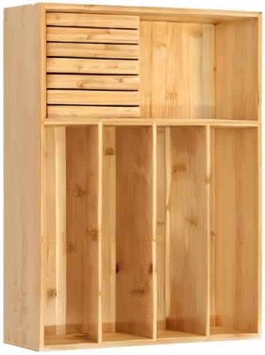VaeFae Bamboo Silverware Drawer Organizer Kitchen, Expandable Utensil Organizer with Knife Block, Cutlery Tray with Divider, Multifunctional Drawer Organizer (Black)