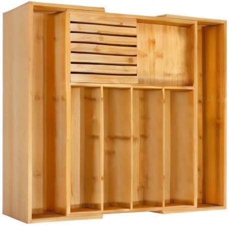 VaeFae Bamboo Silverware Drawer Organizer Kitchen, Expandable Utensil Organizer with Knife Block, Cutlery Tray with Divider, Multifunctional Drawer Organizer (Black)