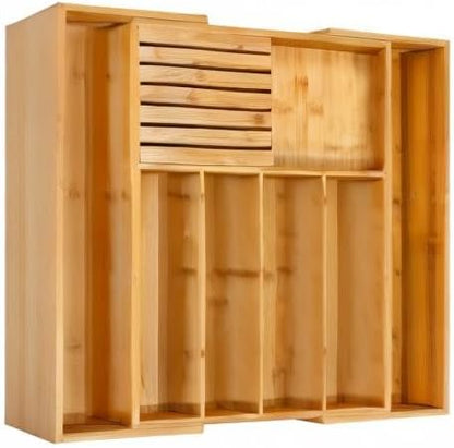 VaeFae Bamboo Silverware Drawer Organizer Kitchen, Expandable Utensil Organizer with Knife Block, Cutlery Tray with Divider, Multifunctional Drawer Organizer (Black)
