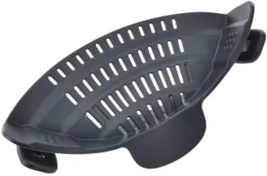 Clip‑On Pot Strainer Silicone Gray Dishwasher‑Safe Side‑Mount Design 9.4×4.6×2.5 Inches | Snap Drain Colander for Pans Bowls Skillets | Heat‑Resistant Kitchen Gadget Splash‑Guard