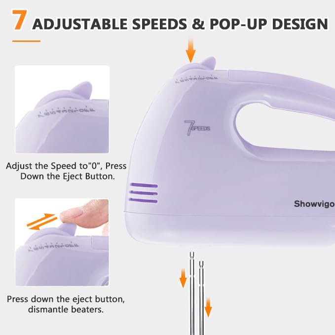 Showvigor Electric Hand mixer - 7 Adjustable Speed 180W Handheld Mixer Electric Whisk with 5 Stainless Steel Accessories, Turbo Boost/Self-Control Speed + Eject Button Food Beater for Cakes Eggs