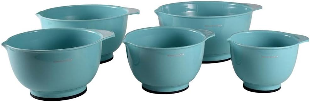 KitchenAid Universal Nesting Plastic Mixing Bowls, Set Of 3, 2.5 quart, 3.5 quart, 4.5 quart, Non Slip Base with Easy Pour Spout to Reduce Mess, Dishwasher Safe, Aqua Sky, White, Gray