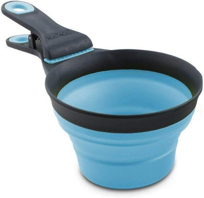 Dexas Popware for Pets Collapsible Klip Scoop, 3 in 1 Design Convenient Measuring Cup, Food Scooper and Bag Clip, 1Cup Capacity Pet Food Scoop, Versatile Food Measuring Cups Portion Control Gray/Blue