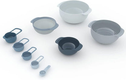 Joseph Joseph Nest 9 Plus, 9 Piece Compact Food Preparation Set with Mixing Bowls, Measuring cups, Sieve and Colander, MultiColor