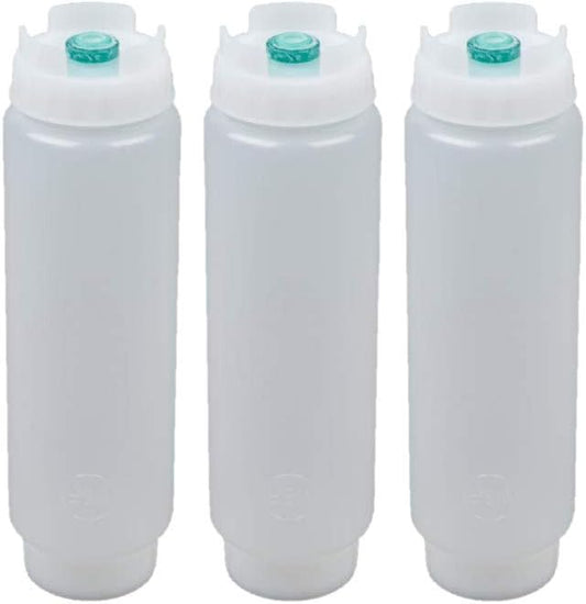 FIFO Squeeze Bottle Refillable 16 oz | Green Tip Small Valve Dispenser for Thin Condiments, Sauces, Batter and Dressing | Self Sealing No Drip No Hassle | (3 Pack)