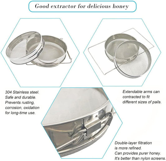 Honey Strainer for 5 Gallon Bucket with Up to 16.5 inches Extendable Arms | Stainless Steel Double Sieve Honey Filter for Clean Honey, adjustable arms fit buckets and pans for honey and food filtering