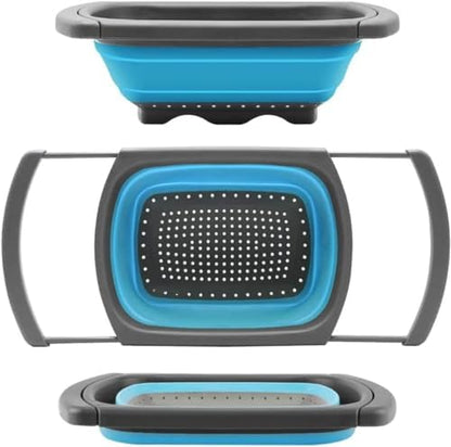 Collapsible Colander Strainer with Extendable Handles - Over the Sink Vegetable/Fruit Colanders Strainers for Kitchen, Capacity of 6 quart (Red)