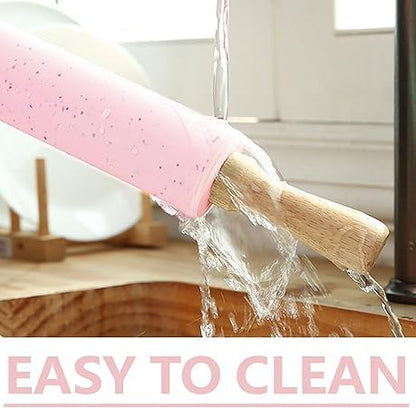 Silicone Rolling Pin for Baking,15Inch Pastry Dough Roller with Wooden Handle,Non Stick Surface Rolling Pin for Dough Cookie Pastry Tapered Dumpling Baking Supplies Kitchen Accessories