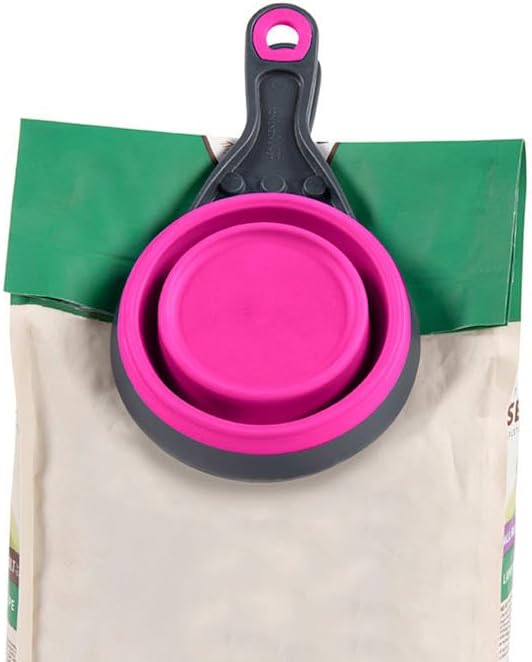 Dexas Popware for Pets Collapsible Klip Scoop, 3 in 1 Design Convenient Measuring Cup, Food Scooper and Bag Clip, 1Cup Capacity Pet Food Scoop, Versatile Food Measuring Cups Portion Control Gray/Blue