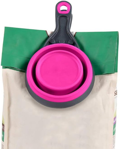 Dexas Popware for Pets Collapsible Klip Scoop, 3 in 1 Design Convenient Measuring Cup, Food Scooper and Bag Clip, 1Cup Capacity Pet Food Scoop, Versatile Food Measuring Cups Portion Control Gray/Blue