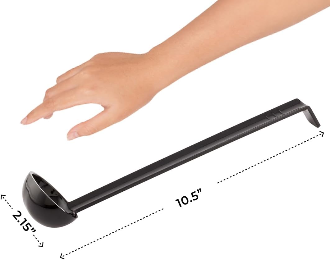 Restaurantware 1 Ounce Serving Ladle 1 Hook Handle Portion Ladle - Dishwasher-Safe Reusable Black Plastic Gravy Ladle For Stirring Pouring And Serving