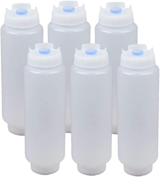FIFO Squeeze Bottle Refillable 16 oz | Blue Tip Large Valve Dispenser for Thick Condiments, Sauces, Batter and Dressing | Self Sealing No Drip No Hassle | (6 Pack)