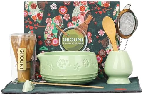 Matcha Whisk Set, Ceramic Matcha Set with Bowl, Chasen Holder, Scoop Rest, Sifter, 8-Pcs Japanese Ceremony Matcha Kit–Matcha Lovers Gift for Women Mom Girl Friend-Matcha Green