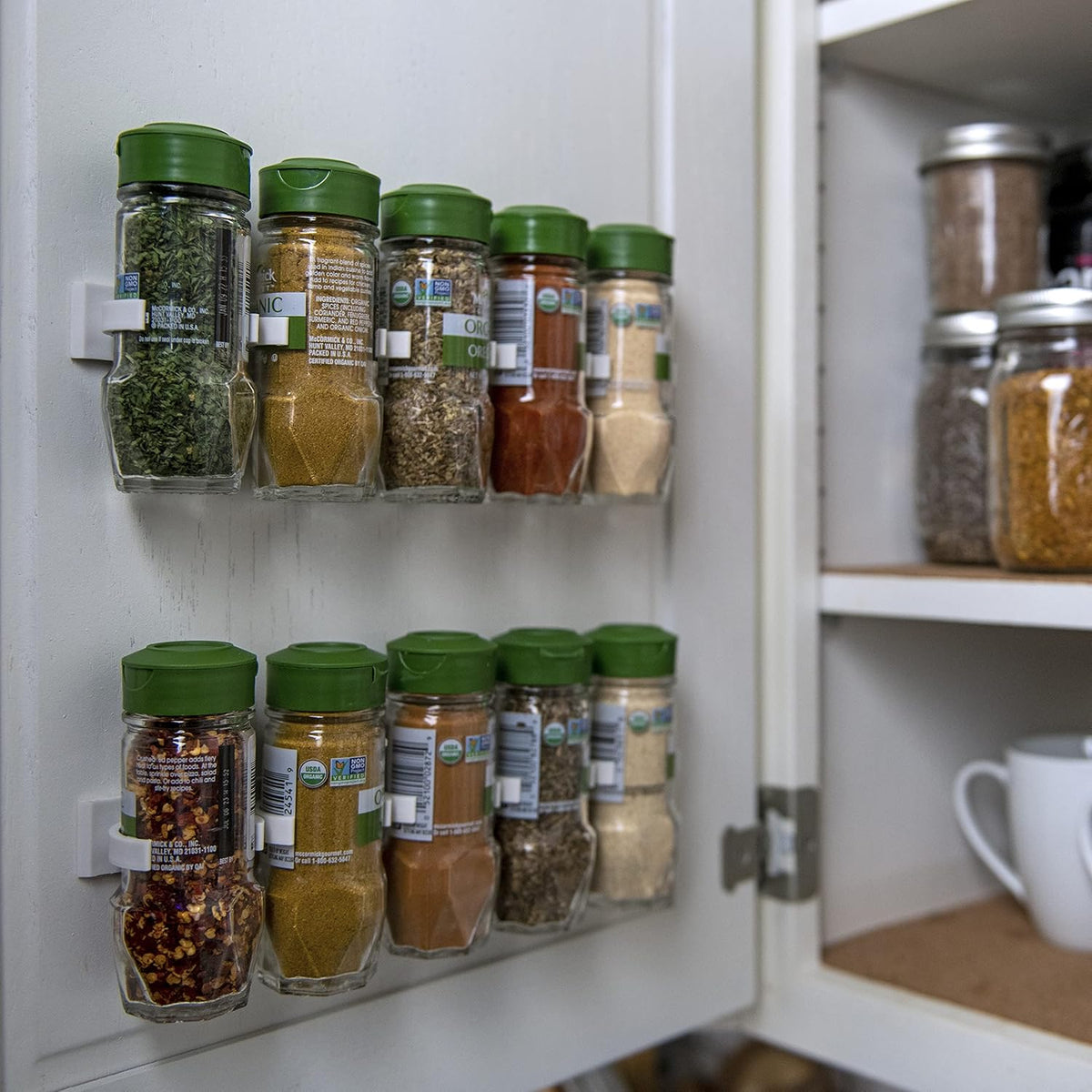 Spice Clip Grippers For Cabinet Doors - Organizer for Spices - Spice Rack Holds15 Spice Jars - Extemely Strong 3M Adhesive Gripper In White For Pantry 15 Ct