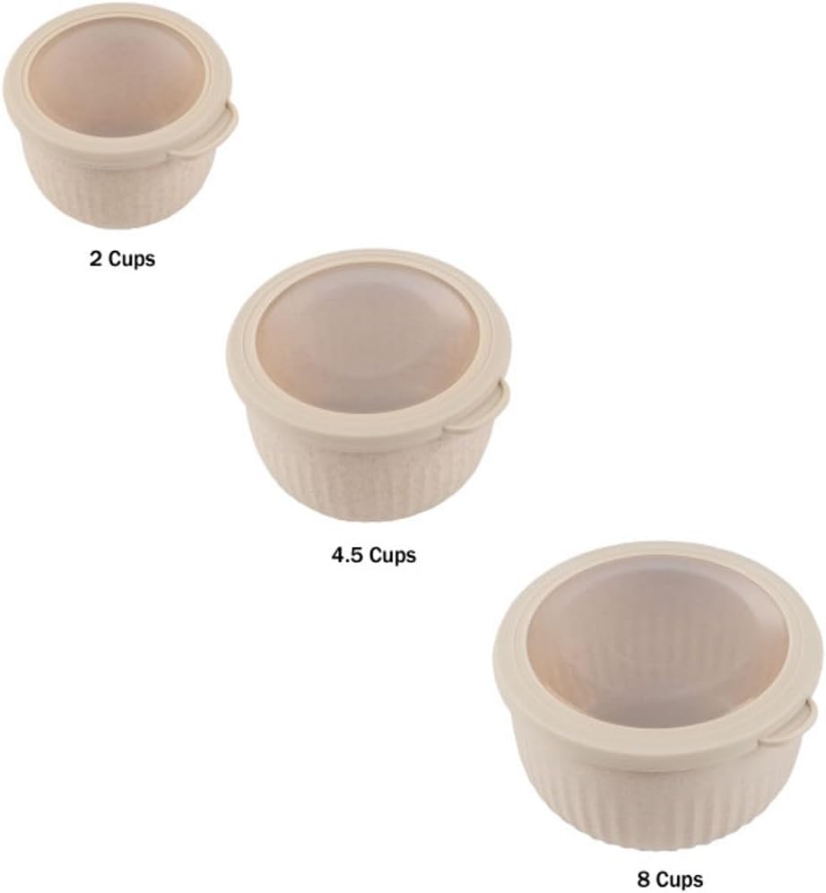 Set of 3 Bowls with Lids - Microwave, Freezer, and Fridge Safe Nesting Mixing Bowls - Eco-Conscious Kitchen Essentials by Classic Cuisine (Beige), S, M, L