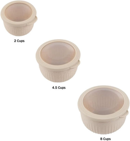Set of 3 Bowls with Lids - Microwave, Freezer, and Fridge Safe Nesting Mixing Bowls - Eco-Conscious Kitchen Essentials by Classic Cuisine (Beige), S, M, L