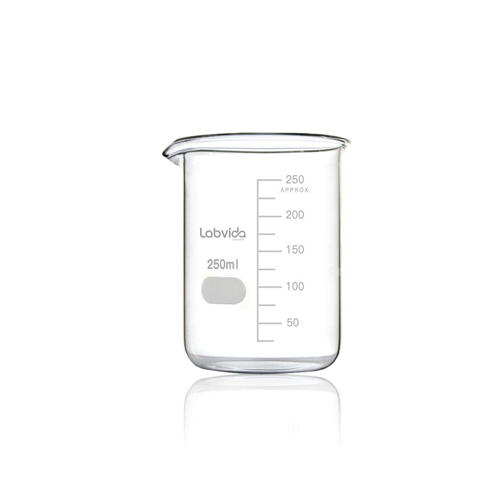 Upgrated 6 Size Low Form Glass Beaker Set, 25ml 50ml 100ml 250ml 500ml 1000ml, 3.3 Boro Glass beakers with Printed Graduation, LVA019