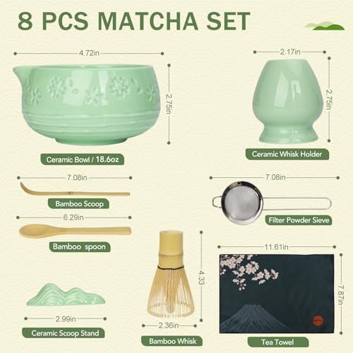 Matcha Whisk Set, Ceramic Matcha Set with Bowl, Chasen Holder, Scoop Rest, Sifter, 8-Pcs Japanese Ceremony Matcha Kit–Matcha Lovers Gift for Women Mom Girl Friend-Matcha Green