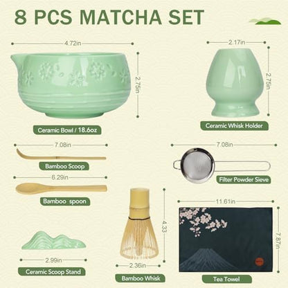Matcha Whisk Set, Ceramic Matcha Set with Bowl, Chasen Holder, Scoop Rest, Sifter, 8-Pcs Japanese Ceremony Matcha Kit–Matcha Lovers Gift for Women Mom Girl Friend-Matcha Green