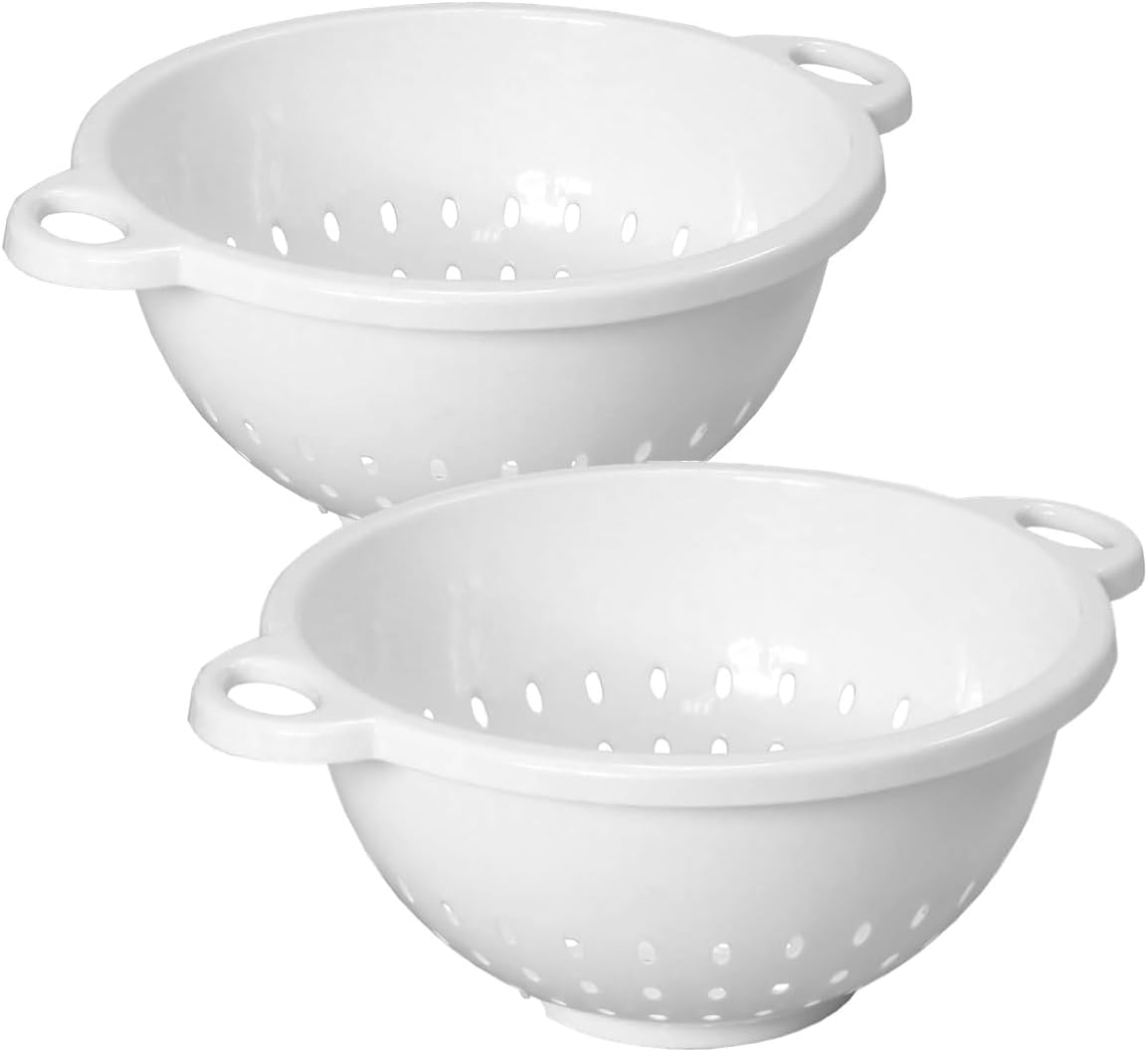 Rocky Mountain Goods White Plastic Colander Bowl with Handle - Deep 5 QT Strainer for Kitchen Vegetables, Pastas, Fruit - BPA Free - Dishwasher Safe