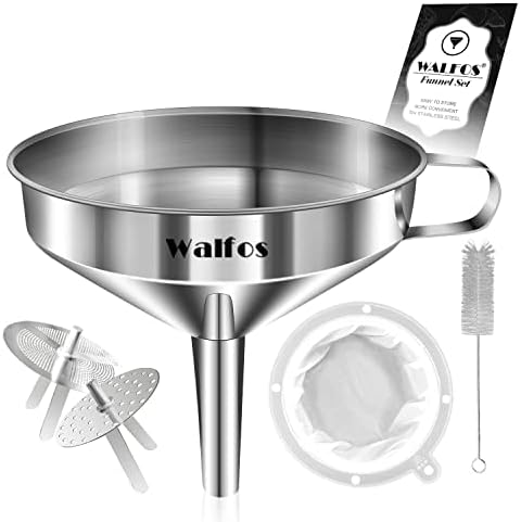 Stainless Steel Funnel, Walfos 3 Pack Kitchen Funnel with 2 Removable Strainer ＆ 1Pcs Cleaning Brush, Perfect for Transferring of Liquid, Oils, Jam, Dry Ingredients & Powder
