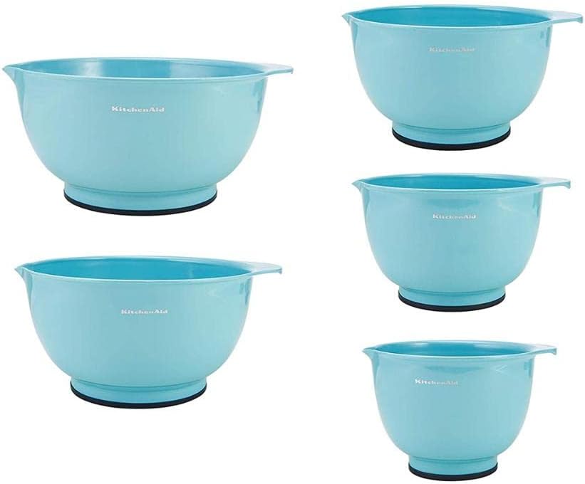 KitchenAid Universal Nesting Plastic Mixing Bowls, Set Of 3, 2.5 quart, 3.5 quart, 4.5 quart, Non Slip Base with Easy Pour Spout to Reduce Mess, Dishwasher Safe, Aqua Sky, White, Gray
