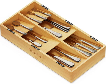 Bamboo Silverware Drawer Organizer with Labels, Kitchen Utensil Tray Holder Organizer for Flatware, Cutlery, Spoon and Knives Drawer Storage Organization (Natural, 6 Slots)