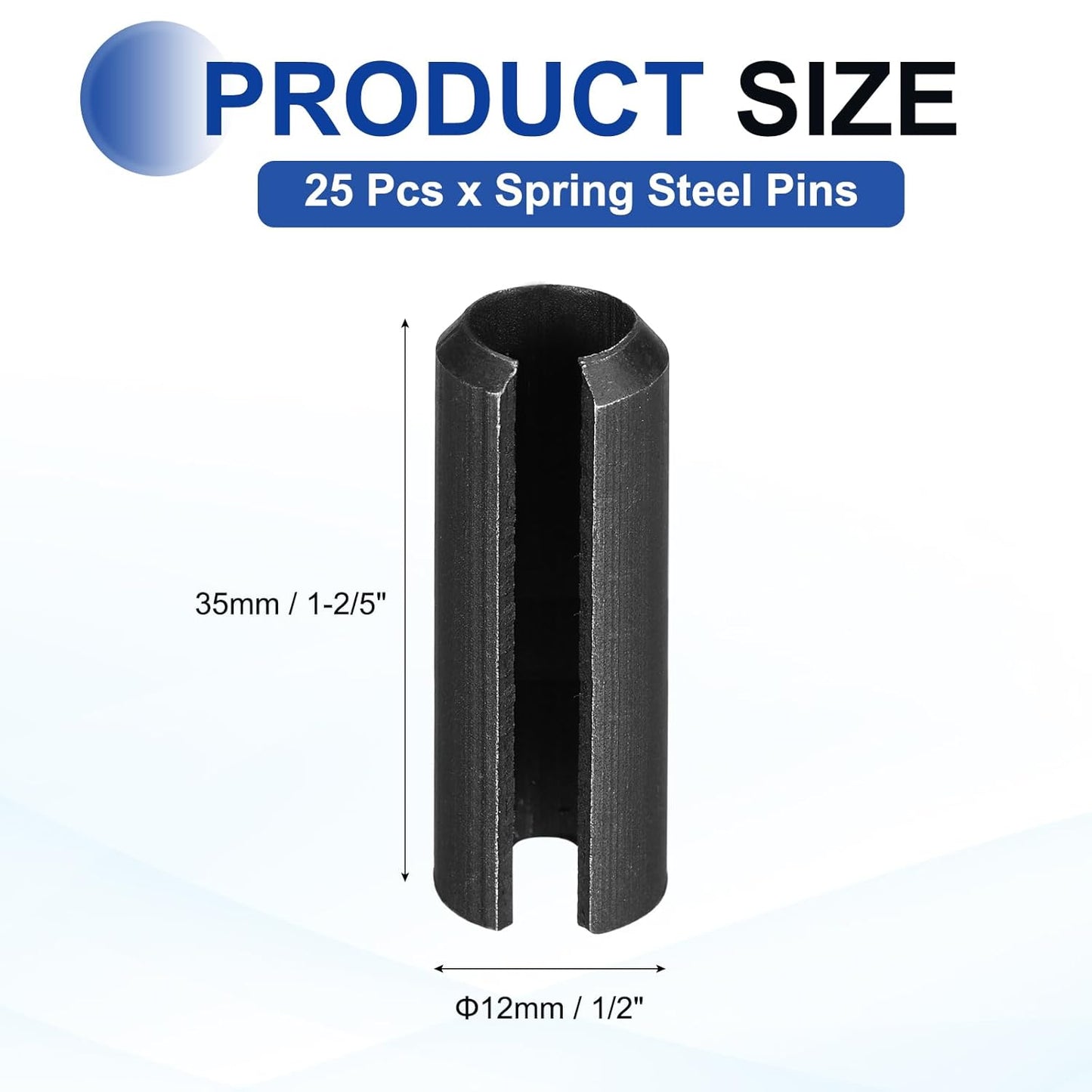 25Pcs Slotted Split Roll Pins 1/2 Inch(12mm) Dia. 1-2/5 Inch(35mm) Length 65Mn Steel Spring Tension Expansion Dowels for Secure Fastening, Black - Colors B