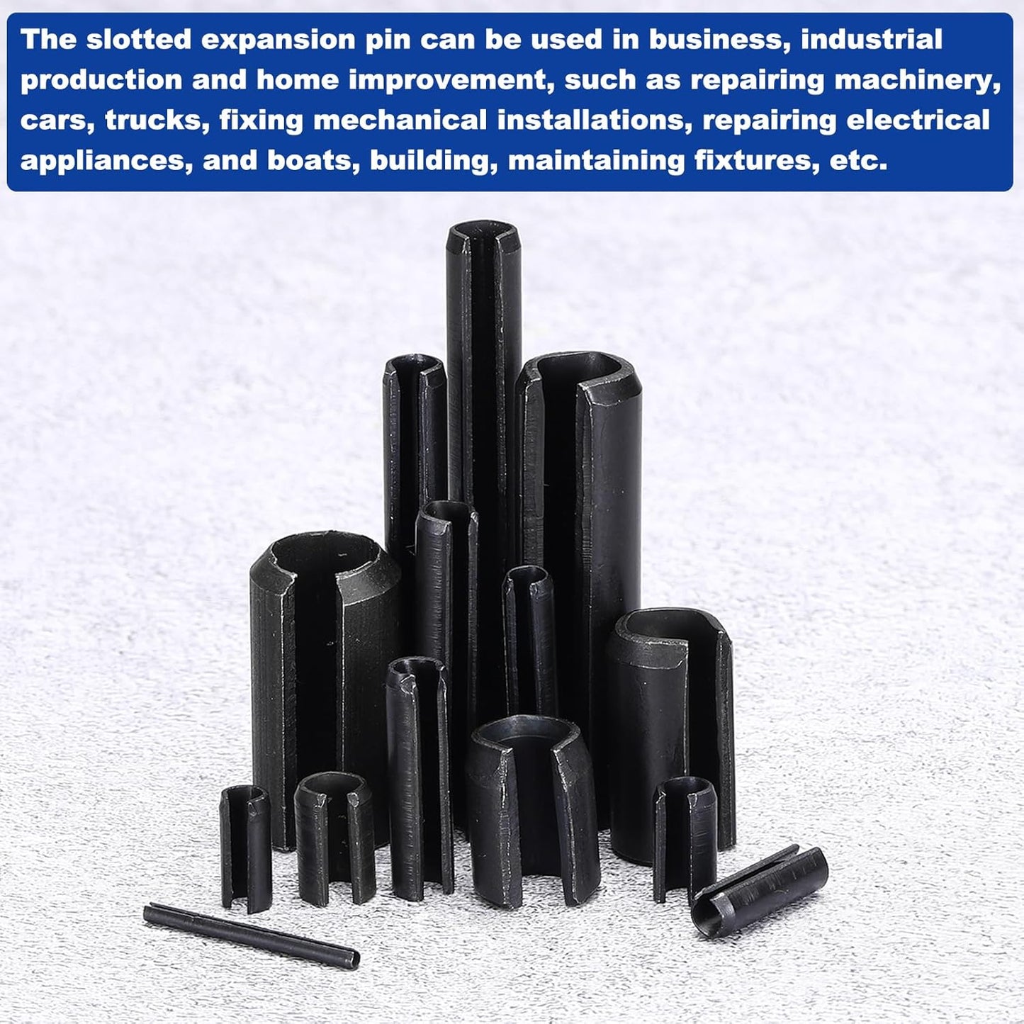 25Pcs Slotted Split Roll Pins 1/2 Inch(12mm) Dia. 1-2/5 Inch(35mm) Length 65Mn Steel Spring Tension Expansion Dowels for Secure Fastening, Black - Colors B