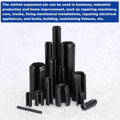 25Pcs Slotted Split Roll Pins 1/2 Inch(12mm) Dia. 1-2/5 Inch(35mm) Length 65Mn Steel Spring Tension Expansion Dowels for Secure Fastening, Black - Colors B