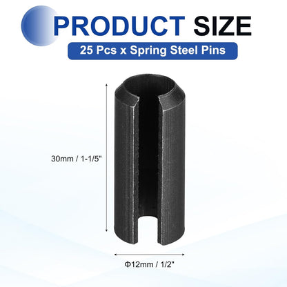 25Pcs Slotted Split Roll Pins 1/2 Inch(12mm) Dia. 1-2/5 Inch(35mm) Length 65Mn Steel Spring Tension Expansion Dowels for Secure Fastening, Black - Colors B