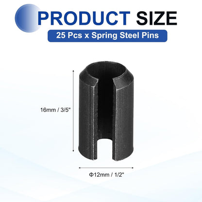25Pcs Slotted Split Roll Pins 1/2 Inch(12mm) Dia. 1-2/5 Inch(35mm) Length 65Mn Steel Spring Tension Expansion Dowels for Secure Fastening, Black - Colors B