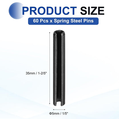 25Pcs Slotted Split Roll Pins 1/2 Inch(12mm) Dia. 1-2/5 Inch(35mm) Length 65Mn Steel Spring Tension Expansion Dowels for Secure Fastening, Black - Colors B