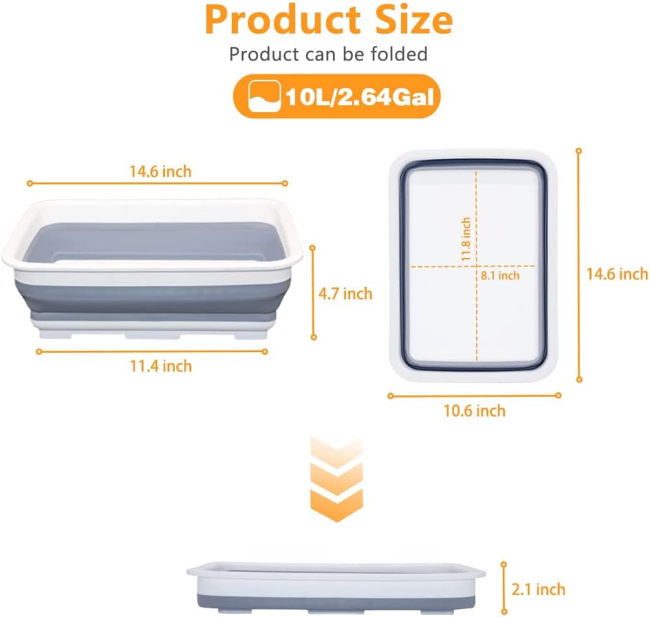 Collapsible Dish Pans – 10L (2.6 Gal) Foldable Sink Tub, 14.5'' x 10.5'' x 5", Compact and Space-Saving Multiuse Foldable Basin for Dish Washing, Camping, RV and Vegetable Cleaning