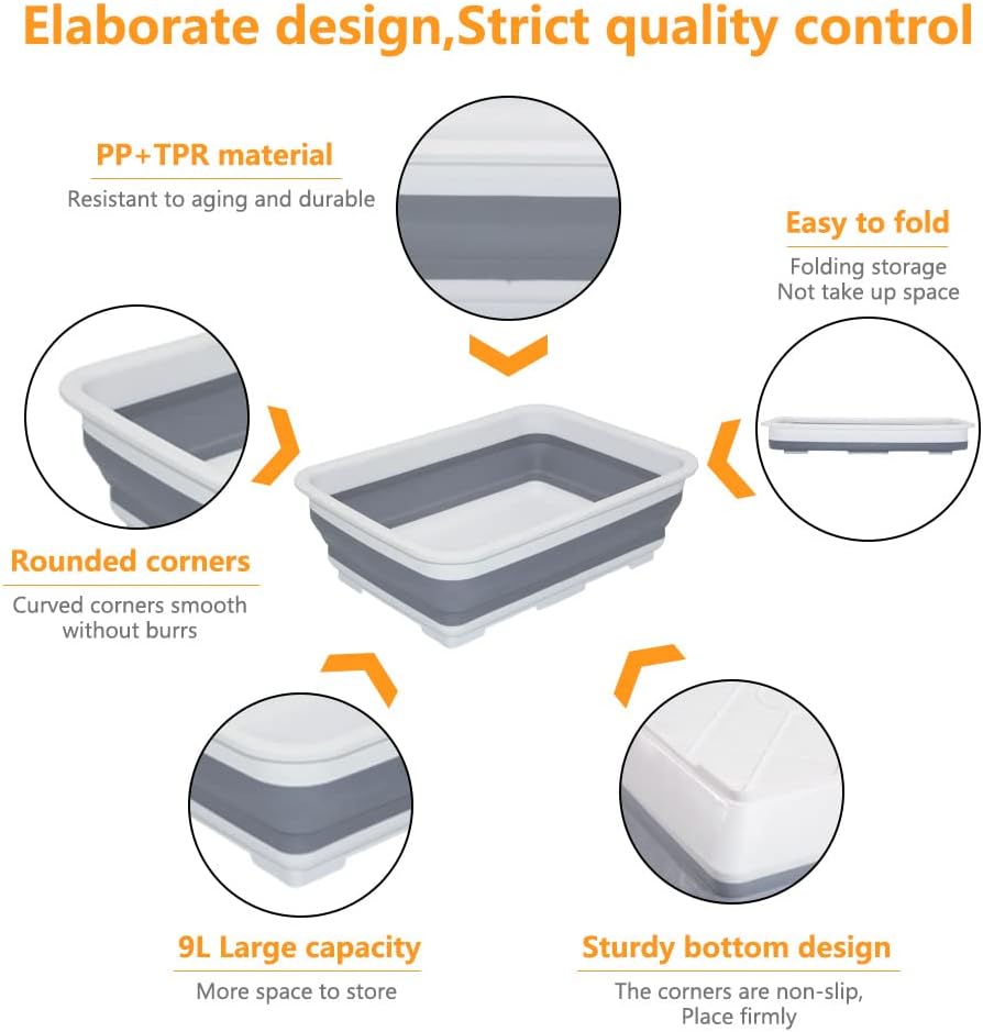 Collapsible Dish Pans – 10L (2.6 Gal) Foldable Sink Tub, 14.5'' x 10.5'' x 5", Compact and Space-Saving Multiuse Foldable Basin for Dish Washing, Camping, RV and Vegetable Cleaning