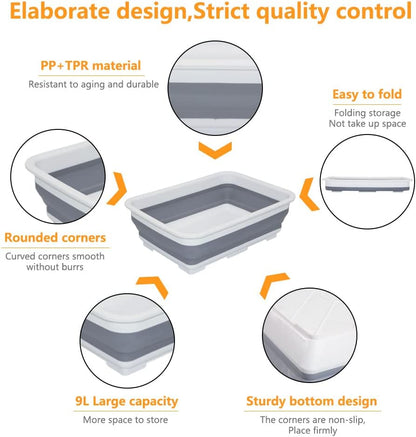 Collapsible Dish Pans – 10L (2.6 Gal) Foldable Sink Tub, 14.5'' x 10.5'' x 5", Compact and Space-Saving Multiuse Foldable Basin for Dish Washing, Camping, RV and Vegetable Cleaning