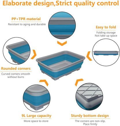Collapsible Dish Pans – 10L (2.6 Gal) Foldable Sink Tub, 14.5'' x 10.5'' x 5", Compact and Space-Saving Multiuse Foldable Basin for Dish Washing, Camping, RV and Vegetable Cleaning