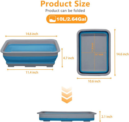 Collapsible Dish Pans – 10L (2.6 Gal) Foldable Sink Tub, 14.5'' x 10.5'' x 5", Compact and Space-Saving Multiuse Foldable Basin for Dish Washing, Camping, RV and Vegetable Cleaning