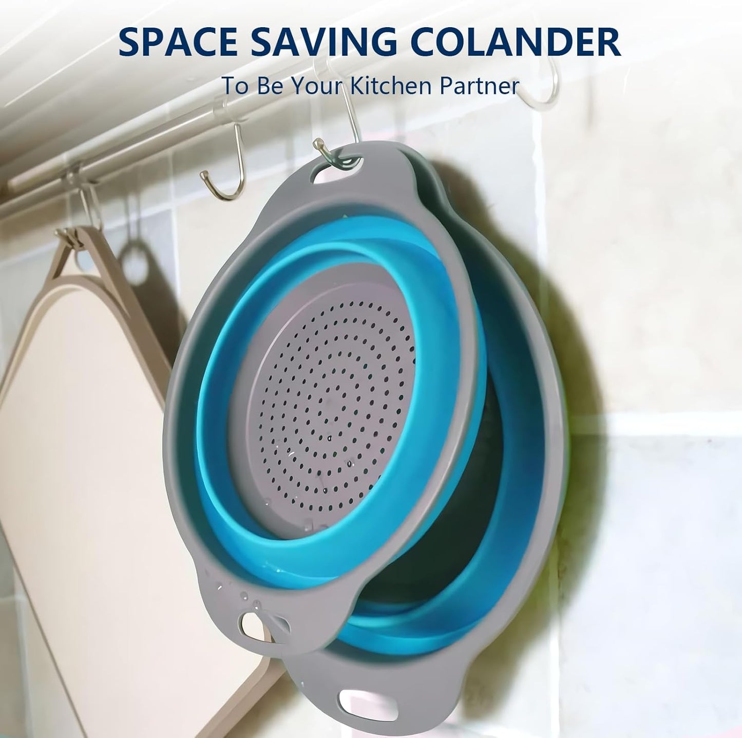 Collapsible Colander Set of 3, Space-Saving Silicone Strainers with Handles, Heat Resistant Food Draining Baskets for Vegetables, Fruits, Pasta, Kitchen, RV & Camping Use (Blue)