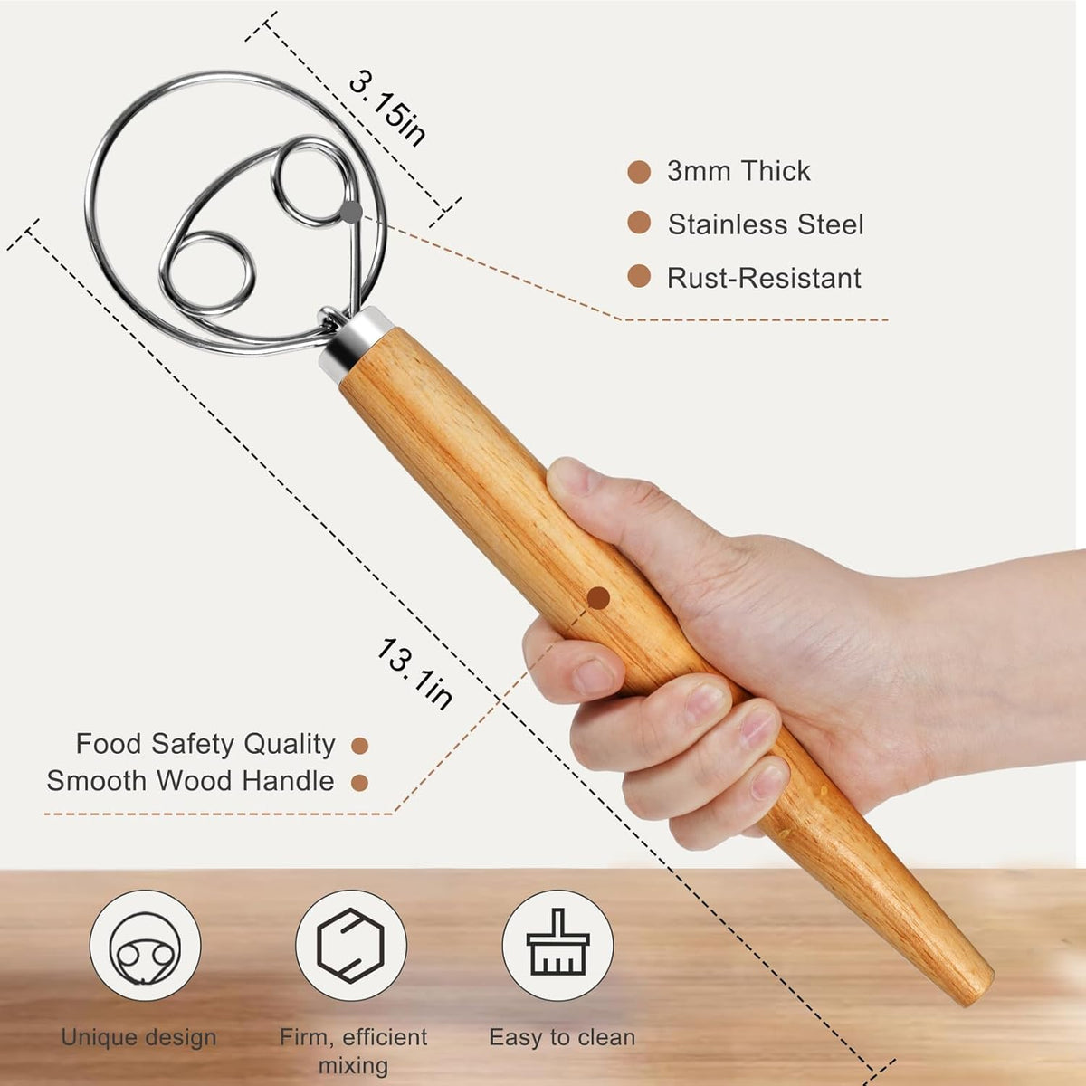 Danish Dough Whisk Large Bread Mixer 13 Inches Premium Stainless Steel Whisk Traditional Dutch Style Bread Making Tools, Whisking Tool with a Cleaning Brush