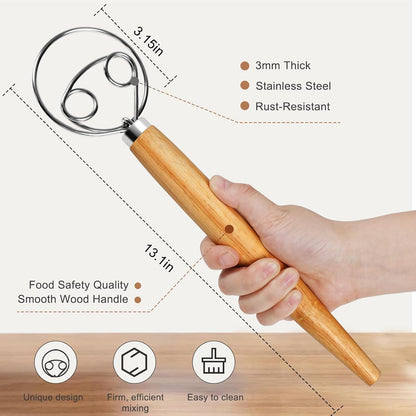 Danish Dough Whisk Large Bread Mixer 13 Inches Premium Stainless Steel Whisk Traditional Dutch Style Bread Making Tools, Whisking Tool with a Cleaning Brush