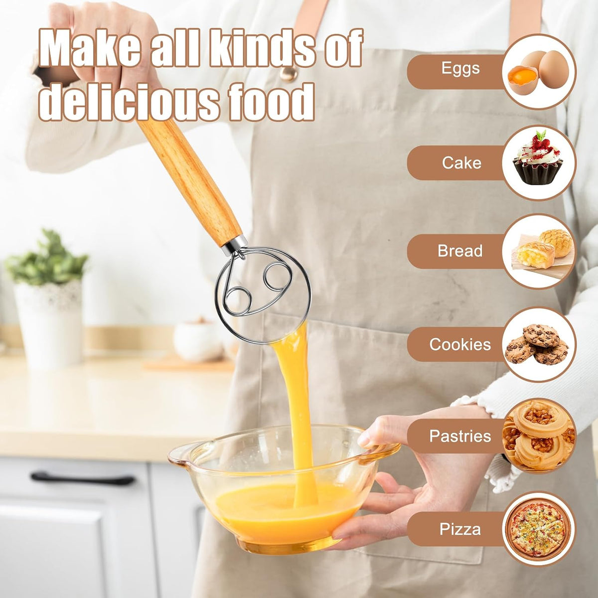Danish Dough Whisk Large Bread Mixer 13 Inches Premium Stainless Steel Whisk Traditional Dutch Style Bread Making Tools, Whisking Tool with a Cleaning Brush