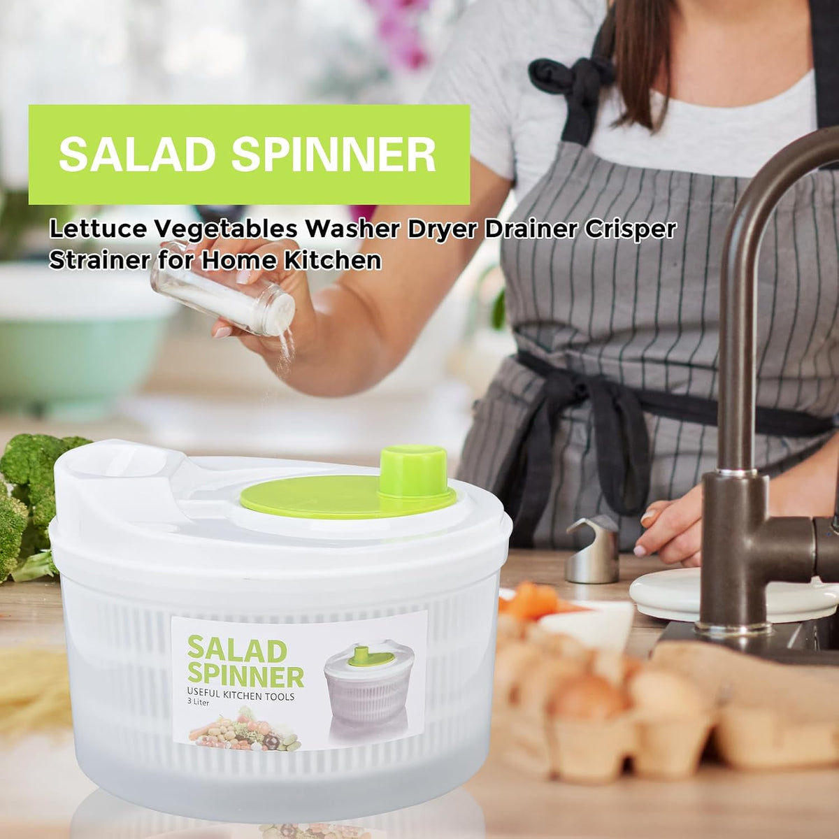 3L Salad Spinner, Versatile Lettuce Dryer with Colander & Bowl, for Berries, Fruits, and Veggies, White & Green