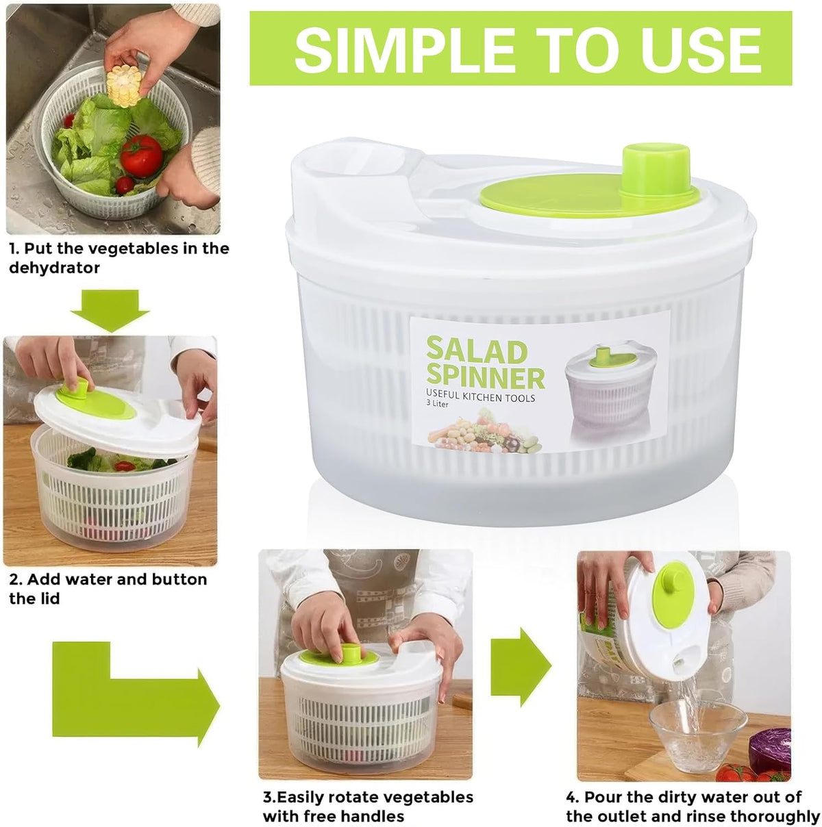 3L Salad Spinner, Versatile Lettuce Dryer with Colander & Bowl, for Berries, Fruits, and Veggies, White & Green