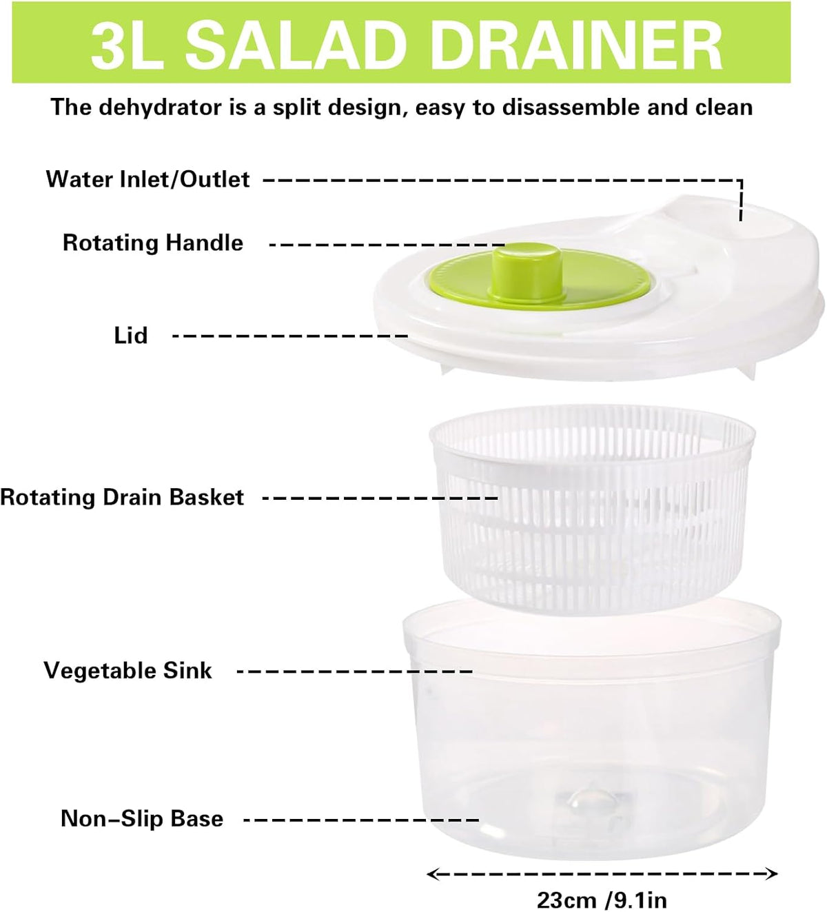 3L Salad Spinner, Versatile Lettuce Dryer with Colander & Bowl, for Berries, Fruits, and Veggies, White & Green