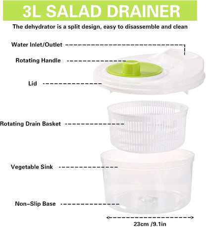 3L Salad Spinner, Versatile Lettuce Dryer with Colander & Bowl, for Berries, Fruits, and Veggies, White & Green