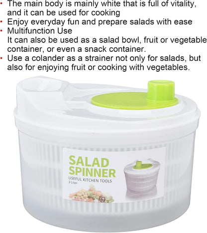 3L Salad Spinner, Versatile Lettuce Dryer with Colander & Bowl, for Berries, Fruits, and Veggies, White & Green