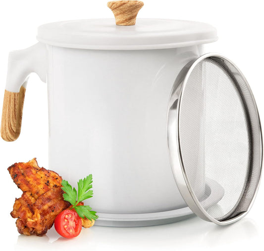 Bacon Grease Container (48oz / 1.4L) Iron Cooking Oil Storage Can with Strainer - Non-Stick, 5 Inch Diameter for Easy Pouring - Oil Strainer Pot